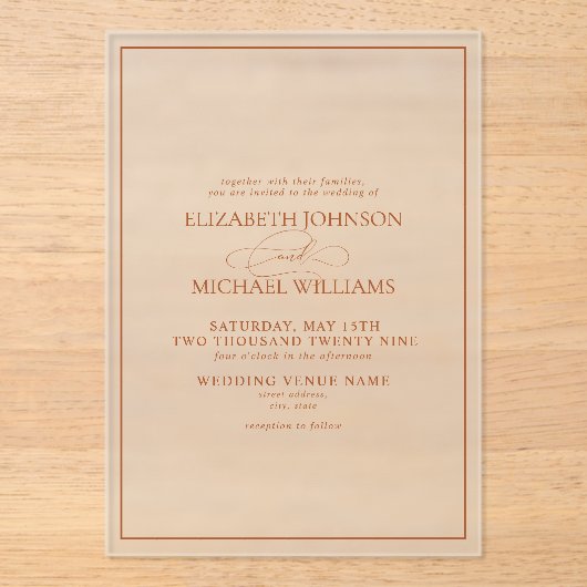 Formal Burnt Orange Classic Script Wedding Acryleinladungen (Vorderseite)