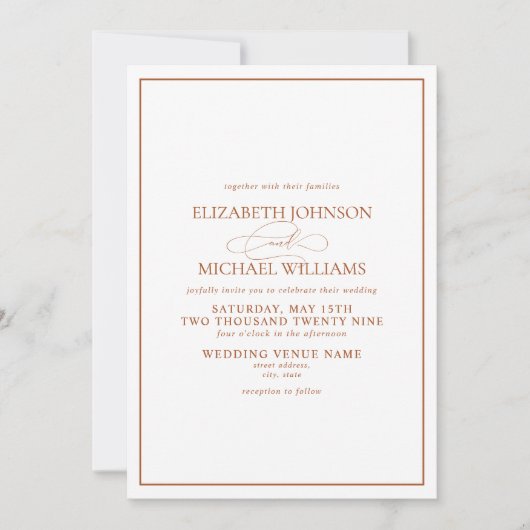 Formal Burnt Orange Classic Script Wedding Einladung (Vorderseite)