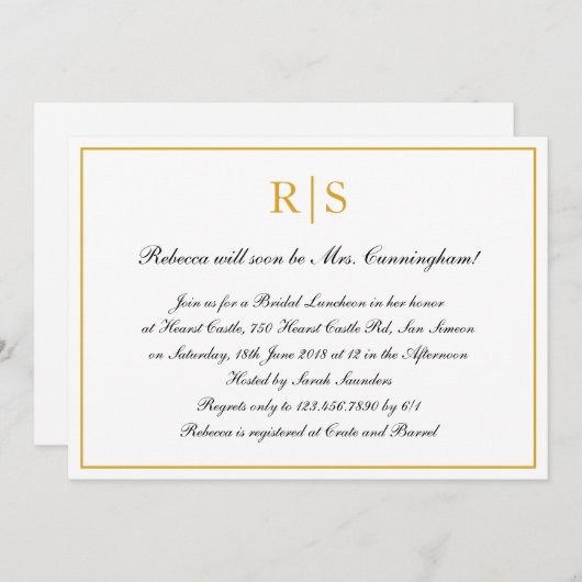 Formal Calligraphy Gold Monogram Bridal Luncheon Einladung (Vorne/Hinten)