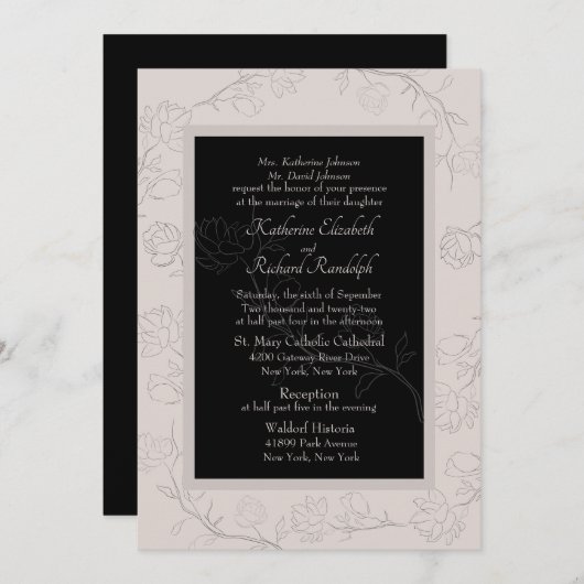 Formal Champagne & Black Jasmine Wedding Einladung (Vorne/Hinten)