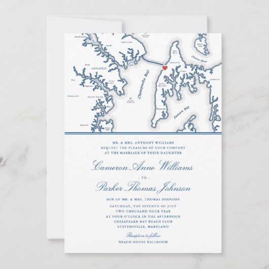 Formal Chesapeake Bay Beach Club Navy Blue Wedding Einladung (Vorderseite)
