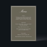 Formal Classic Border Olive Script Elegant Wedding Menükarte<br><div class="desc">This formal wedding menu card features an elegant script heading, clean serif typography, and a classic border on an olive background for a timeless reception look. The structured layout presents each course clearly while adding a refined, cohesive touch to table settings or place settings. Designed to coordinate seamlessly with classic...</div>