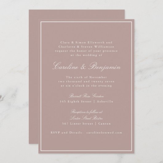 Formal Classic Border Script Dusty Mauve Wedding Einladung (Vorne/Hinten)