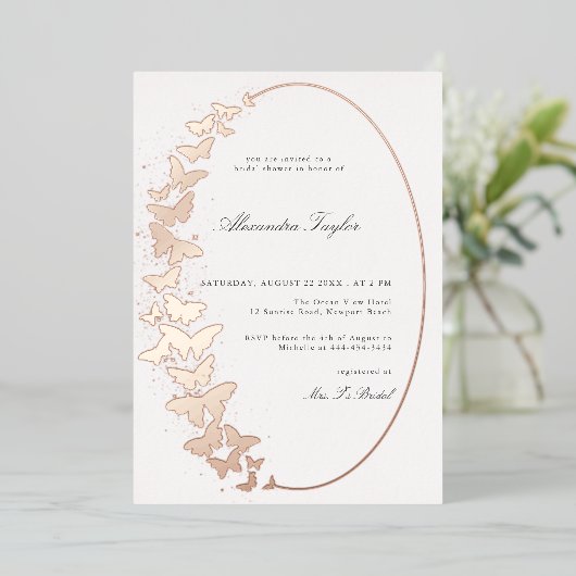 Formal Classic Butterfly Bridal Rose Gold Folieneinladung (Stehend vorne)