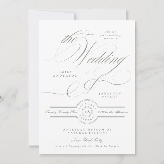 Formal Classic Calligraphy Gray Green Wedding Einladung (Vorderseite)