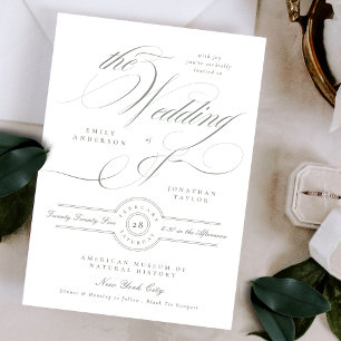 Formal Classic Calligraphy Gray Green Wedding Einladung