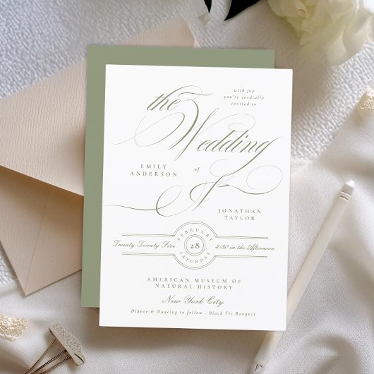 Formal Classic Calligraphy Sage Green Wedding Einladung