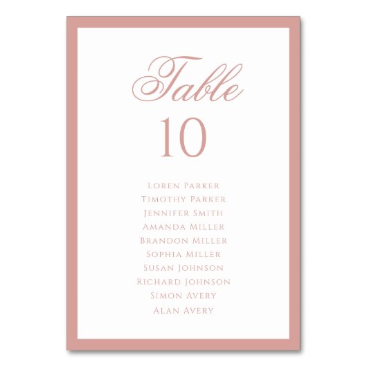 Formal Classic Dusty Rose Wedding Seating Chart Tischnummer (Rückseite)