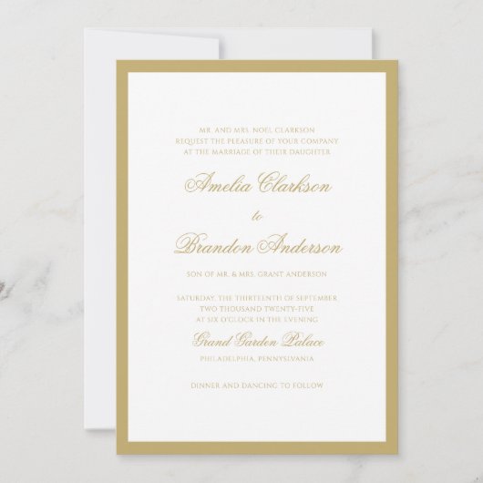 Formal Classic Gold Script & Border Wedding Einladung (Vorderseite)