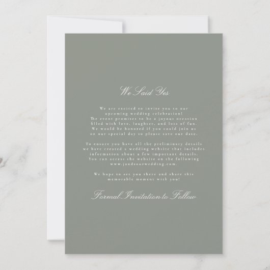 Formal Classic Gray Green Calligraphy Photo Save The Date (Rückseite)