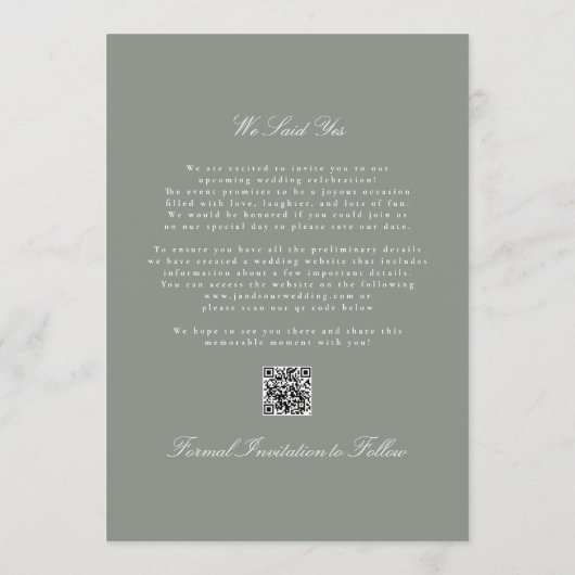 Formal Classic Gray Green Names Photo QR Code Save The Date (Rückseite)