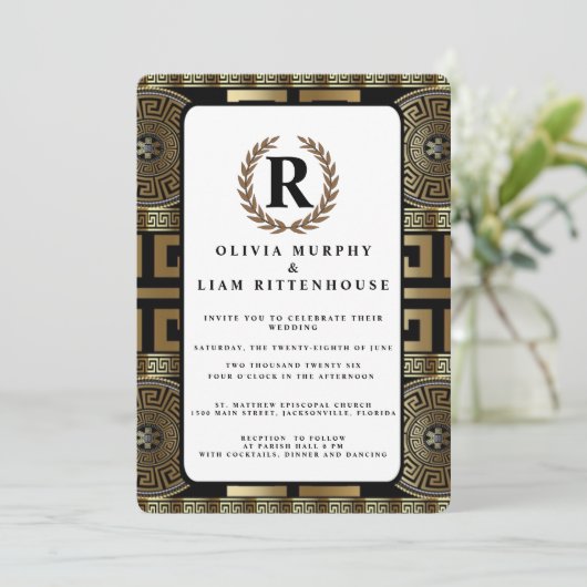 Formal Classic Grecian Key of Life Laurel Wreath Einladung (Stehend Vorderseite)