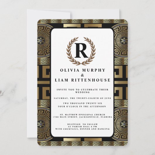 Formal Classic Grecian Key of Life Laurel Wreath Einladung (Vorderseite)