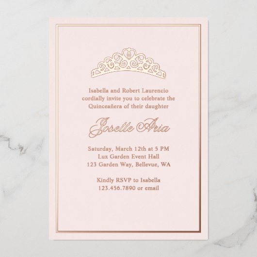 Formal Classic Luxury Blush Pink Quinceanera Folieneinladung (Vorderseite)