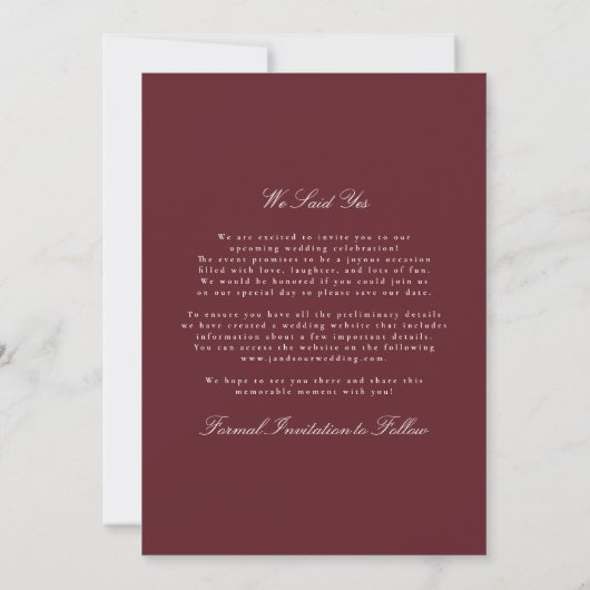 Formal Classic Maroon Burgundy Calligraphy Photo Save The Date (Rückseite)