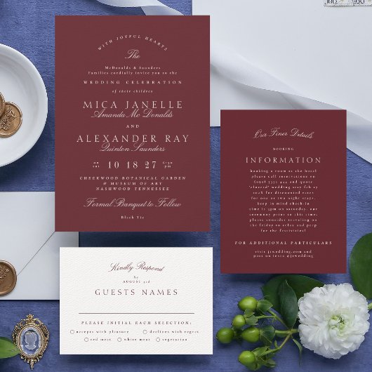 Formal Classic Maroon Burgundy Calligraphy Wedding RSVP Karte
