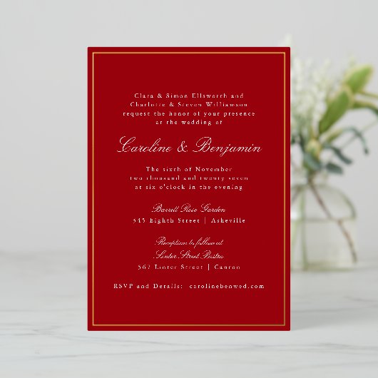 Formal Classic Red Gold Border Elegant Wedding  Folieneinladung (Stehend vorne)