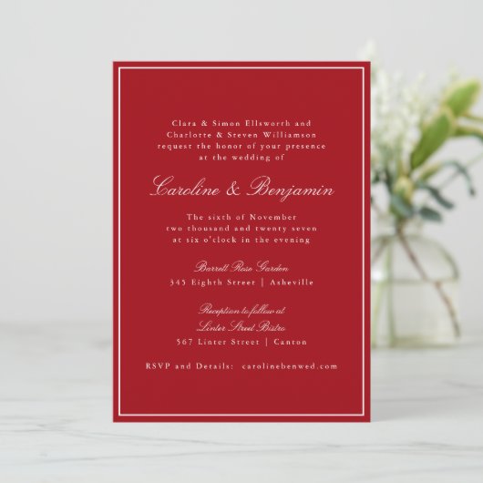 Formal Classic Red Script Elegant Wedding RSVP Einladung (Stehend Vorderseite)