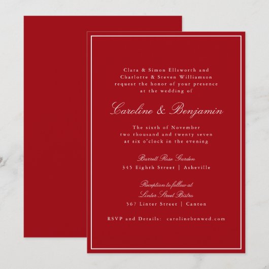 Formal Classic Red Script Elegant Wedding RSVP Einladung (Vorne/Hinten)