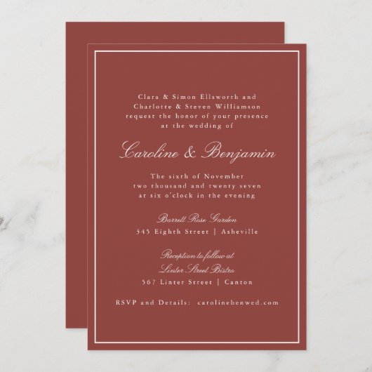 Formal Classic Rost Script Elegante Hochzeit Einladung (Vorne/Hinten)