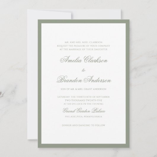 Formal Classic Sage Green Border Script Hochzeit Einladung (Vorderseite)