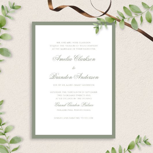 Formal Classic Sage Green Border Script Hochzeit Einladung