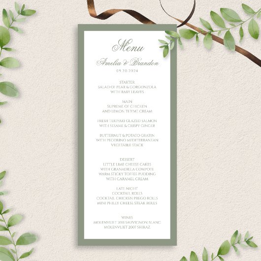 Formal Classic Sage Green Border Script Hochzeit Menükarte