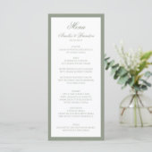 Formal Classic Sage Green Border Script Hochzeit Menükarte (Stehend Vorderseite)