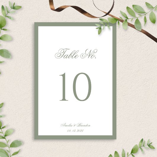 Formal Classic Sage Green Border Script Hochzeit Tischnummer