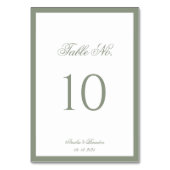 Formal Classic Sage Green Border Script Hochzeit Tischnummer (Rückseite)