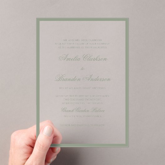 Formal Classic Sage Green Border & Script Wedding Acryleinladungen (Insitu (Handheld))