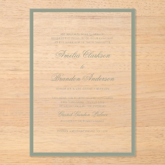 Formal Classic Sage Green Border & Script Wedding Acryleinladungen (Vorderseite)
