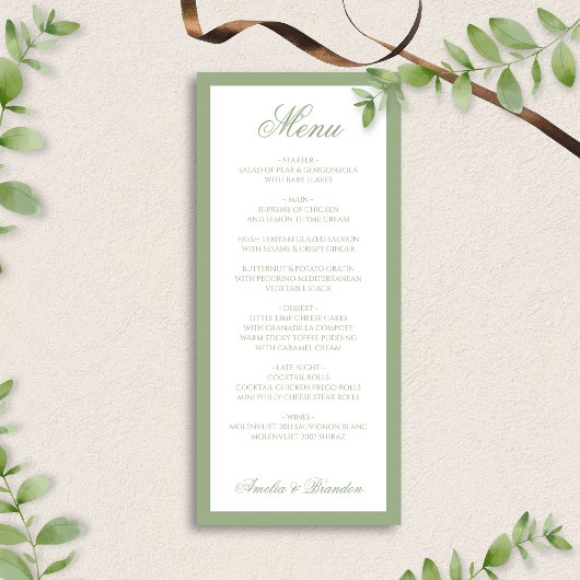 Formal Classic Sage Green Border Script Wedding Menükarte