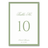 Formal Classic Sage Green Border Script Wedding Tischnummer (Vorderseite)