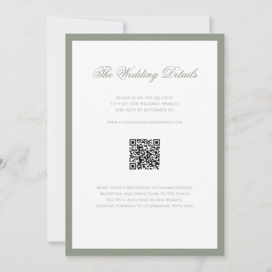 Formal Classic Sage Green Border Wedding QR Code Einladung (Rückseite)