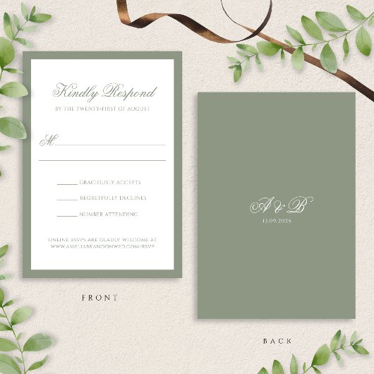 Formal Classic Sage Green Monogram Border Wedding RSVP Karte