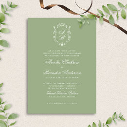 Formal Classic Sage Green Monogram Crest Wedding Einladung