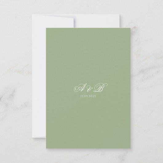 Formal Classic Sage Green Monogram Script Wedding RSVP Karte (Rückseite)