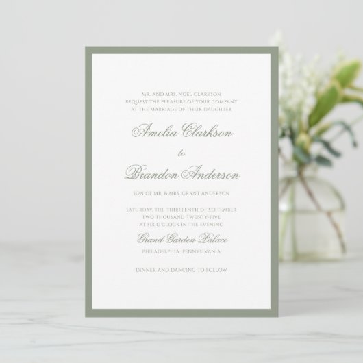 Formal Classic Sage Green & Script Foto Wedding Einladung (Stehend Vorderseite)