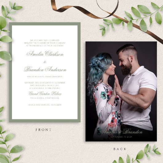 Formal Classic Sage Green & Script Foto Wedding Einladung