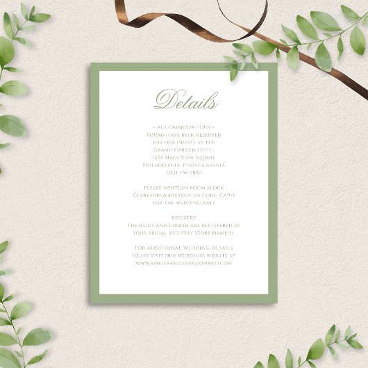 Formal Classic Sage Green Script Wedding Details Begleitkarte