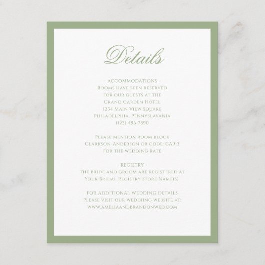 Formal Classic Sage Green Script Wedding Details Begleitkarte (Vorderseite)