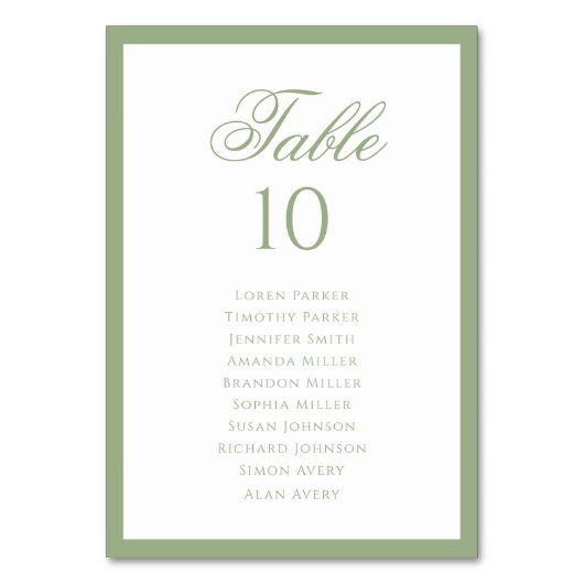 Formal Classic Sage Green Wedding Seating Chart Tischnummer (Rückseite)