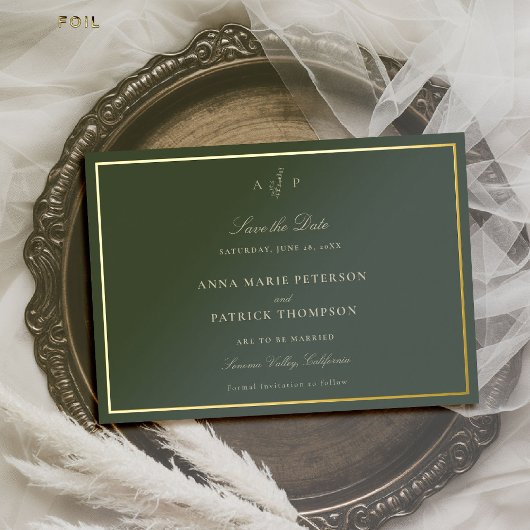 Formal Classic Sage Monogram Wedding Save the Date Folieneinladung