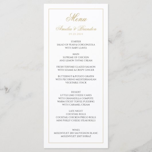 Formal Classic Script Black and Gold Wedding Menükarte (Vorderseite)