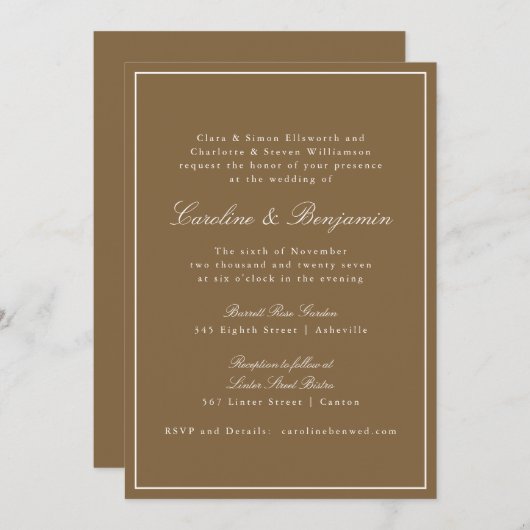 Formal Classic Warm Brown Script Elegante Hochzeit Einladung (Vorne/Hinten)