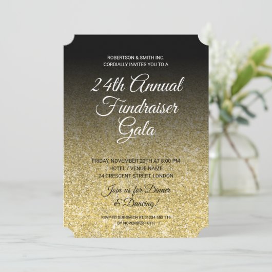 Formal Corporate Fundraiser Gold Glitzer Black Einladung (Stehend Vorderseite)