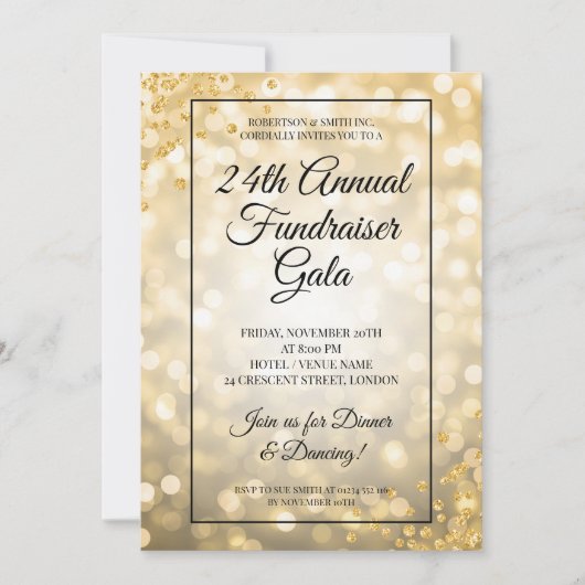 Formal Corporate Fundraiser Gold Lights Glitzer Einladung (Vorderseite)