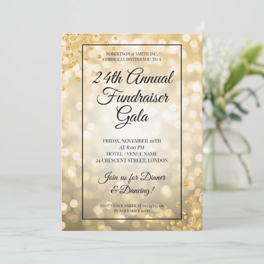 Formal Corporate Fundraiser Gold Lights Glitzer Einladung (Stehend Vorderseite)