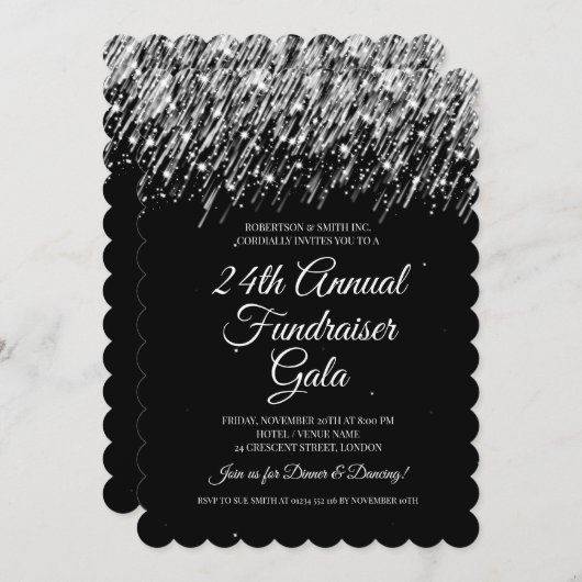 Formal Corporate Fundraiser Silver Falling Stars Einladung (Vorne/Hinten)